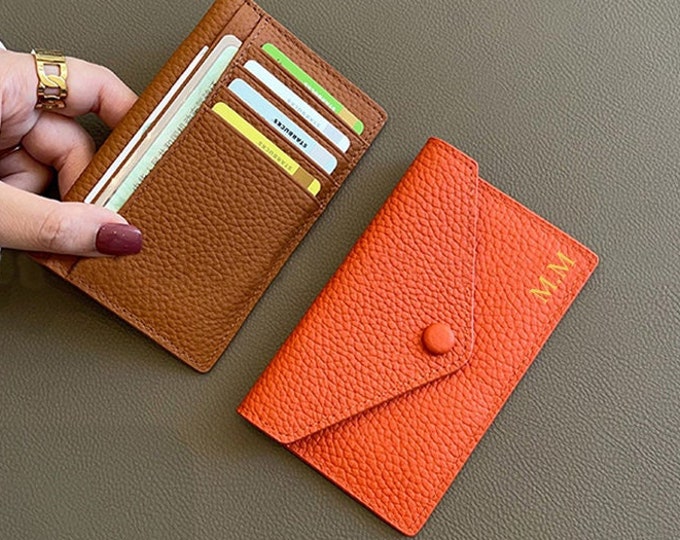 Customizable Leather Initial Envelope Women Wallet, Card Holder - Personalized Monogram Slim Wallet