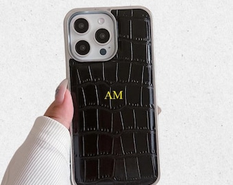 Personalized Vegan Crocodile Leather Case iPhone 16 15 14 13 12 11 Pro Max Silver Frame Custom, Monogram Engraved Initials