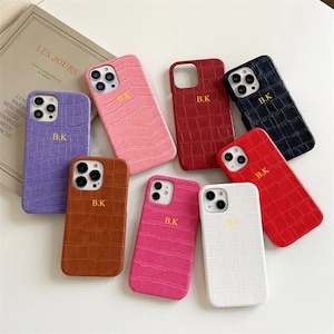 Coque personnalisée texturée en cuir de crocodile, iPhone personnalisé 16 15 14 13 Pro Max 12 11 Pro Max X XS XR 7 8 Plus SE, monogramme gravé