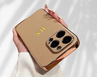 Personalized Plating Leather Case for iPhone 16 15 Pro Max 14 13 12 11  - Customizable Gold Name Cover