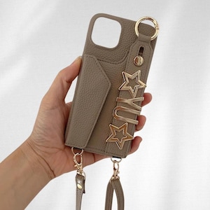 Funda de cuero de lujo personalizada para teléfono con tarjetero y cordón, letras de nombre de metal: funda personalizada para iPhone 16, 15, 14, 13, 12, 11 Pro Max
