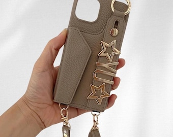 Personalized Luxury Leather Phone Case with Card Holder & Lanyard, Metal Name Letters– Custom Cover for iPhone 17 16 15 14 13 12 11 Pro Max