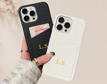 Personalised Pebble vegan Leather Cardholder Slot iPhone Case, Custom iphone 15 14 13 Pro Max 12 11 Pro Max X XS XR 7 8 Plus SE, Initials