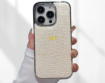 Personalized Initials Plating Glossy Leather Phone Case | Engraved name Cover for iPhone 15 14 13 12 11 Pro Max Plus