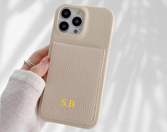 Personalised Pebble Leather Cardholder iPhone Case, Shockproof Cover, Custom iphone 15 14 13 12 11 Pro Max, Plus |  Engraved Initials