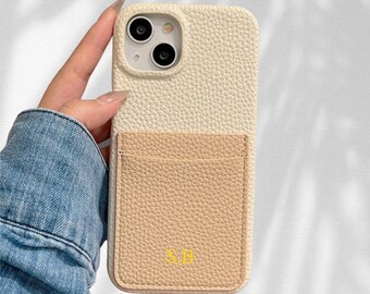 Personalised Pebble vegan Leather Cardholder iPhone Case, Shockproof Cover, Custom iphone 15 14 13 12 11 Pro Max, Plus Engraved Initials