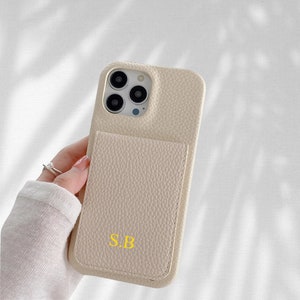 Personalised Pebble Leather Cardholder iPhone Case, Shockproof Cover, Custom iphone 15 14 13 12 11 Pro Max, Plus |  Engraved Initials