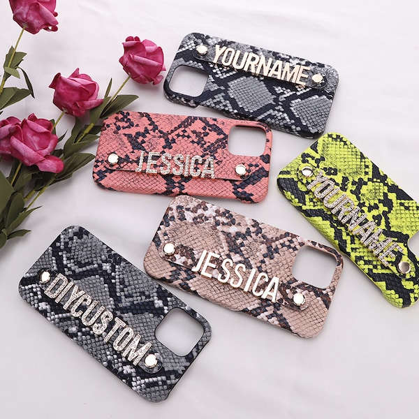 Personalized Name iPhone Case Holding Strap, Custom Snakeskin Leather For 11 12 13 Pro Max Mini 7 8Plus XR X XS Max Cover, Gift For Women