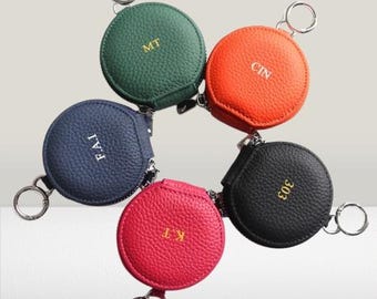 Personalized Leather Earphone Case, Custom Name Coin Purse, Round Earbud Holder, Mini Keychain Wallet