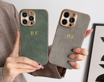 Funda de piel de cordero personalizada para iPhone, con nombre personalizado, para iPhone 17, 16, 15, 14, 13, 12 y 11 Pro Max Pro, iniciales grabadas y marco chapado.