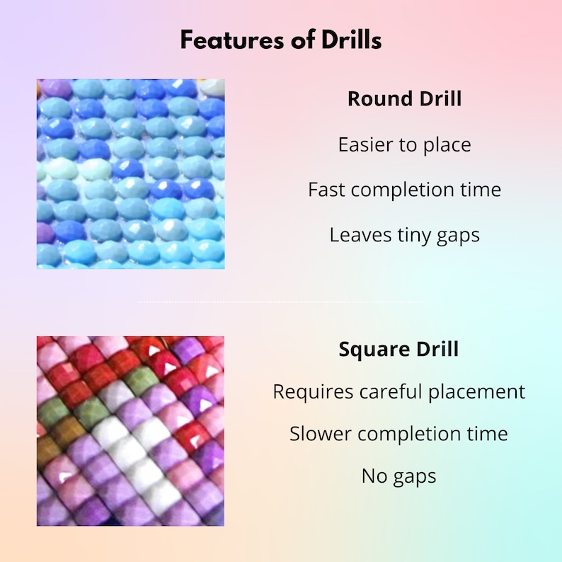 May include: Close-up of two types of diamond painting drills. The round drill is easier to place and creates tiny gaps. The square drill requires careful placement and creates no gaps.