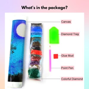 May include: A diamond painting kit with a blue canvas, colorful diamond beads, a green diamond tray, glue mud, a pink point pen, and the text "What's in the package?"