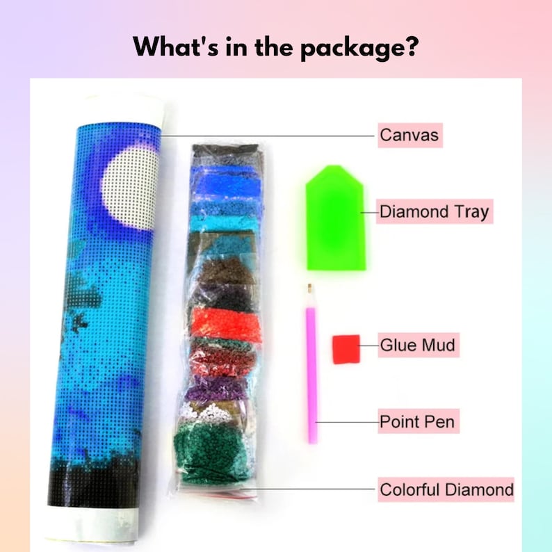 May include: A diamond painting kit with a blue canvas, colorful diamond beads, a green diamond tray, glue mud, a pink point pen, and the text "What's in the package?"