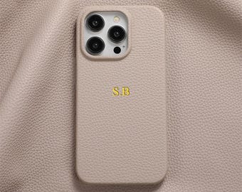 Funda de piel de lichi personalizada de lujo con nombre: carcasa rígida personalizada para iPhone 15, 14, 13, 12 y 11 Pro Max Plus Mini