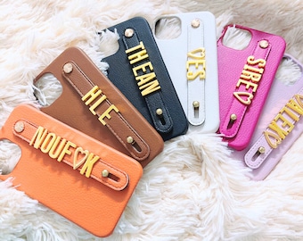 Customized Leather Phone Case with Strap and Gold-Colored Name Tag For iPhone 16 15 14 13 12 11 Pro Max X XS Xr 7 8 Plus SE,