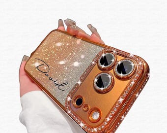 Custom Name Glitter Phone Case, Orange Gradient Sparkle iPhone Case, Diamond Camera Cover