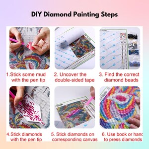 May include: Six steps for creating a diamond painting. The steps are illustrated with close-up images of the process. The steps are: 1. Stick some mud with the pen tip, 2. Uncover the double-sided tape, 3. Find the correct diamond beads, 4. Stick diamonds with the pen tip, 5. Stick diamonds on corresponding canvas, 6. Use book or hand to press diamonds.