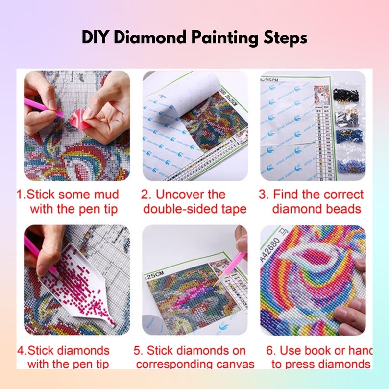 May include: Six steps for creating a diamond painting. The steps are illustrated with close-up images of the process. The steps are: 1. Stick some mud with the pen tip, 2. Uncover the double-sided tape, 3. Find the correct diamond beads, 4. Stick diamonds with the pen tip, 5. Stick diamonds on corresponding canvas, 6. Use book or hand to press diamonds.