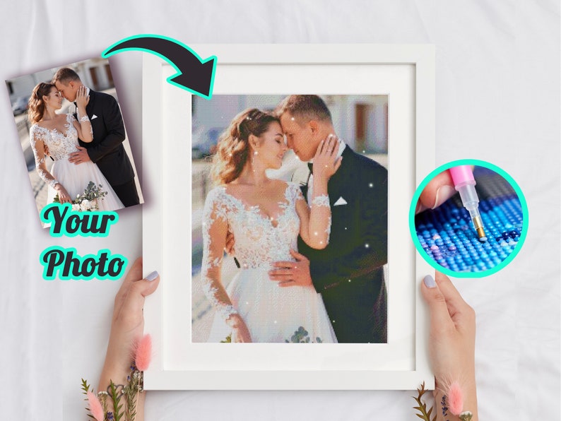 May include: A white framed picture of a couple in wedding attire, with a close-up of a diamond painting in progress in the corner. The couple is embracing and looking at each other. The diamond painting is a blue and green mosaic.