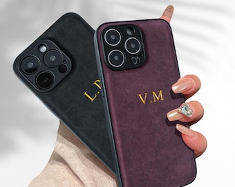 Personalized Leather iPhone Case – Custom Name & Initials, Engraved, Soft Lambskin Cover for iPhone 16 15 14 13 12 11 Pro Max