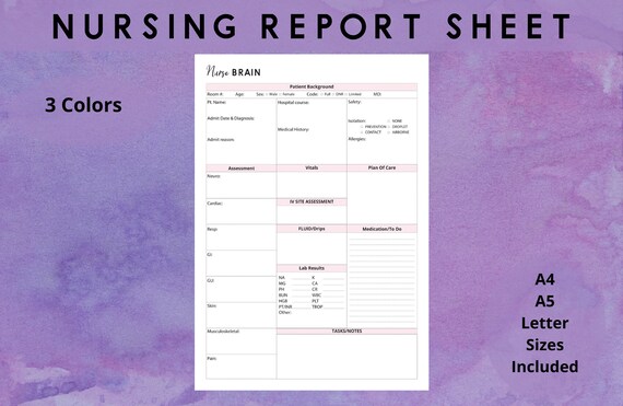 Nurse Brain Sheet Printable Nursing Report Sheet Single | Etsy