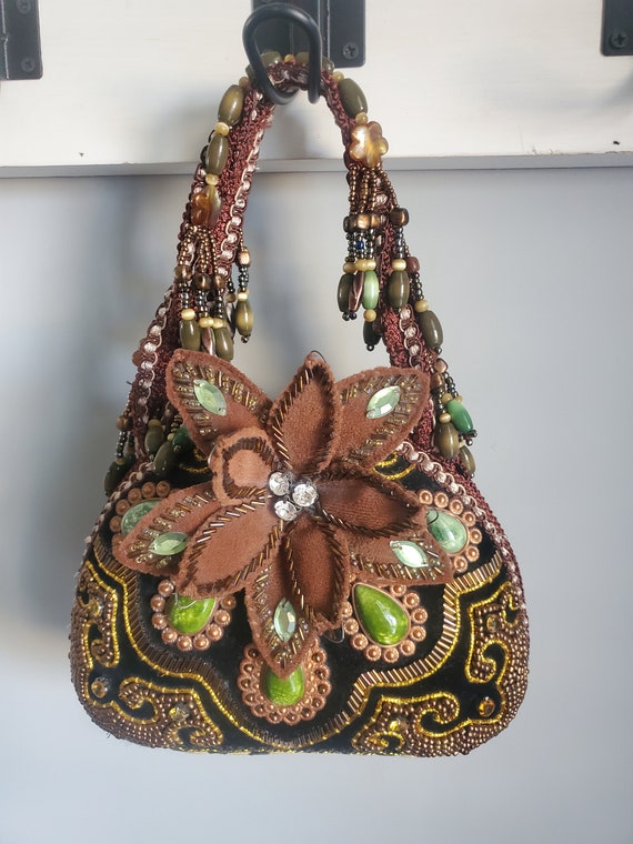 Moni Couture beaded embroidered evening bag brown 