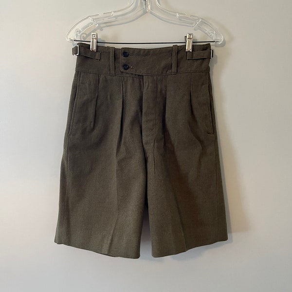 1950s Shorts - 50s New Zealand Army Olive Green Wool Side Button High Waist Shorts