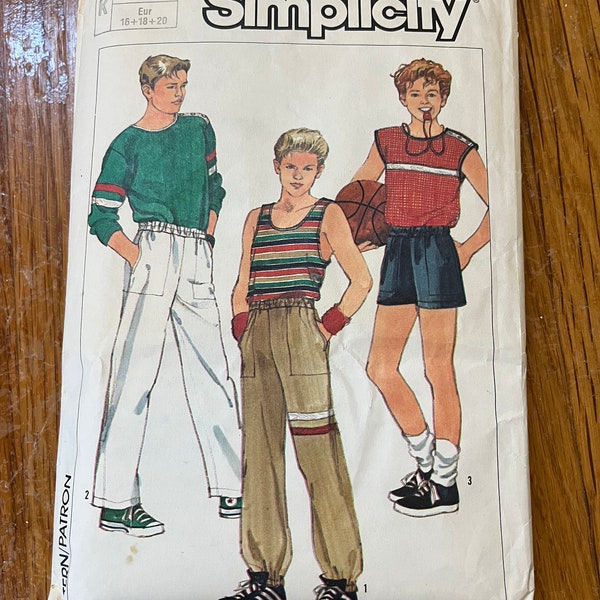 Simplicity 6927 Teen-Boys' Easy-To-Sew Pullover Top, Pull-On Pants or Shorts Pattern, UNCUT, Size 16-18-20, Vintage, 1985, Casual Wear