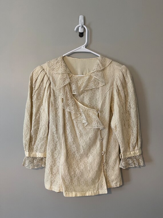 70's Vintage Blue Chambray White Green Patchwork Prairie Blouse Peplum Top