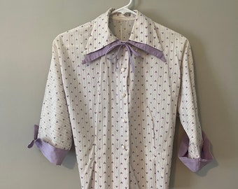 1950s white and lavender batwing blouse - 50s shirt with buttons and bow