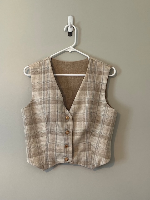 70s Plaid Vest - Reversible Wool Vest - Neutral A… - image 1