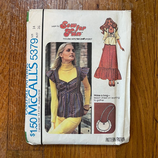 Vintage 1976, McCall's #5379, Misses' and Junior, Top and Skirt, Includes Extra Craft Project, Make a Bag, That 70s Vibe, Boho Chic, Retro