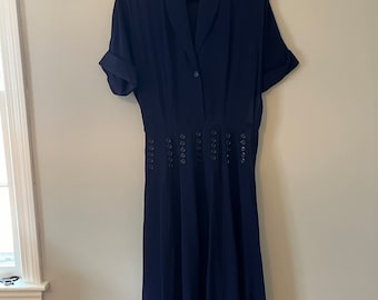 1940s Navy Blue Rayon Crepe Button Dress