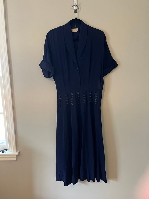 1940s Navy Blue Rayon Crepe Button Dress