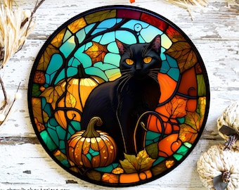 Black Cat Door Hanger, Fall Door Wreath Sign, Samhain Decorations, Faux Stained Glass Cat, Fall Door Hangers, Cat Halloween Decor, Witch