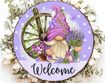 Gnomes Welcome Signs, Gnomes Door Hanger, Welcome Door Sign, Spring Gnome Wreath Sign, Gnome Wreath Attachment, Welcome Porch Signs Lavender