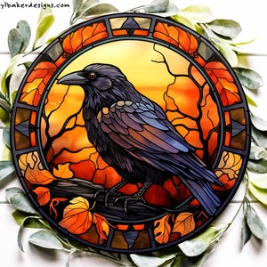 Crow Wreath Attachment, Crow Metal Sign, Samhain Decorations, Faux Stained Glass Wreath Signs, Halloween Decor, Crow Sign A Witches Familiar