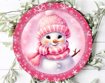 Pink Snowman Face Sign, Girl Snowman Faces, Christmas Wreath Sign, Snow Man Face Sign, Pink Snowman Wreath Attachment, Round Snowman Sign