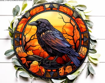 Crow Wreath Attachment, Crow Metal Sign, Samhain Decorations, Faux Stained Glass Wreath Signs, Halloween Decor, Crow Sign A Witches Familiar