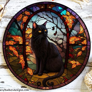 Black Cat Door Hanger, Fall Door Wreath Sign, Samhain Decorations, Faux Stained Glass Cat, Falls Signs, Samhain Decor Halloweens Decorations