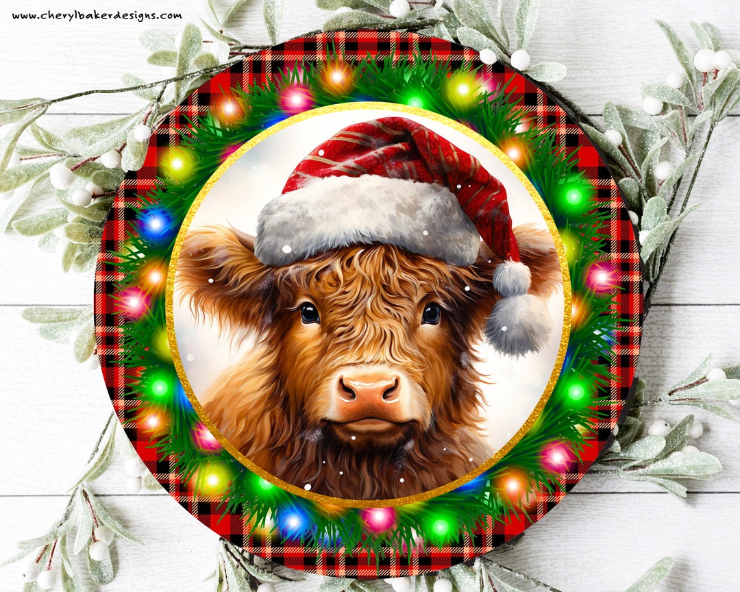 Cow With Santa Hat Door Hanger, Highland Cow Wreath Sign, Cow for Door