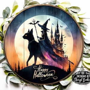 Witch Wreath Sign, Black Cat Wreath Sign, Happy Halloween Wreath Signs, Witch Wreath Attachment, Witch Sign for Wreath Rustic Halloween Sign