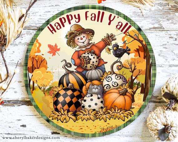 Happy Fall Yall Sign, Fall Y'all Door Hanger, Happy Fall Sign, Primitive Fall Decor, Fall Yall Door Hanger, Round Fall Door Hangers, Autumn