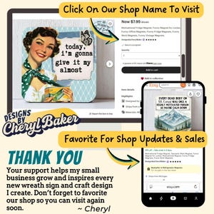 May include: A digital marketing graphic for an Etsy shop featuring two product images of square refrigerator magnets. One magnet shows a vintage-style woman with the text today, i'm gonna give it my almost. The other shows a mountain scene with text.