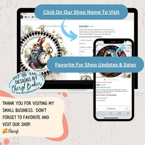 May include: A digital screen displaying a listing for a stained glass Alice in Wonderland themed round wall decor. The listing is for $10.99 and includes the text "Click On Our Shop Name To Visit" and "Favorite For Shop Updates & Sales".