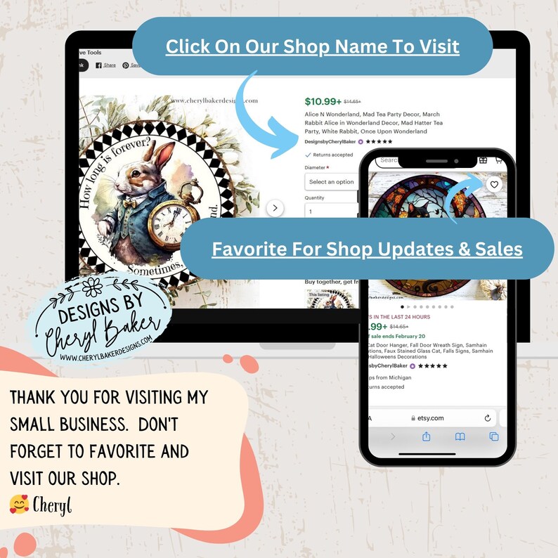 May include: A digital screen displaying a listing for a stained glass Alice in Wonderland themed round wall decor. The listing is for $10.99 and includes the text "Click On Our Shop Name To Visit" and "Favorite For Shop Updates & Sales".