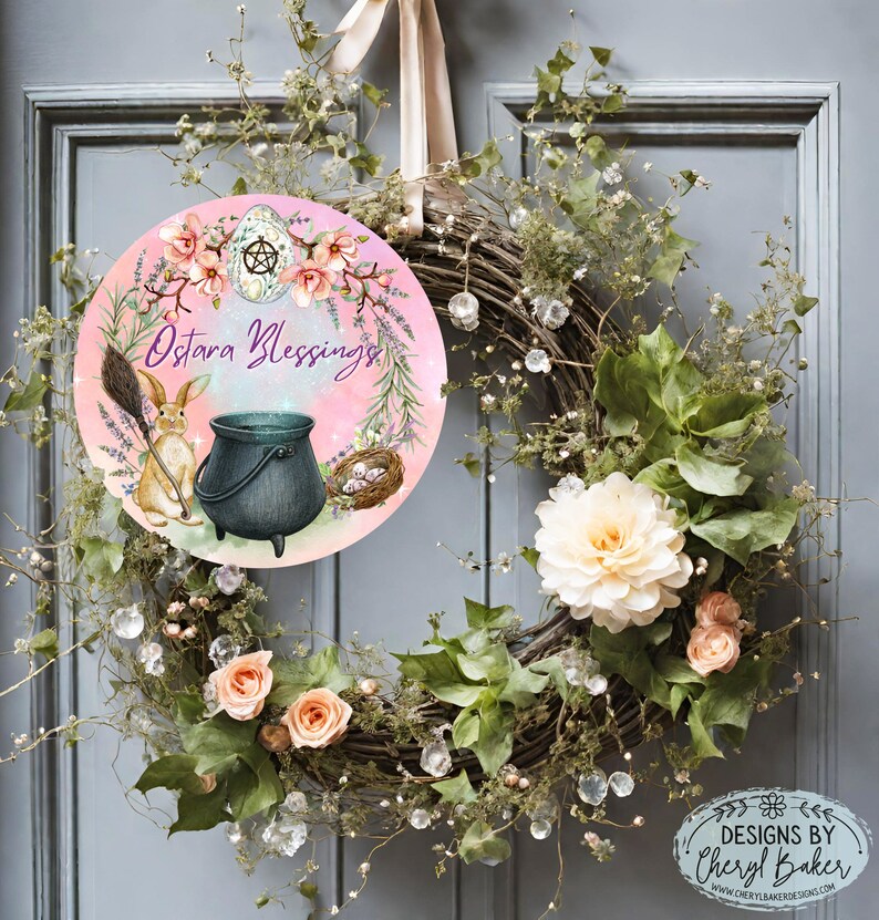 Ostara Bunny Wreath Sign, Ostara Wreath Sign, Ostara Decor, Ostara Gift, Wiccan Wreath Sign, Witch Outdoor Decor, Witchy Door Hanger image 2