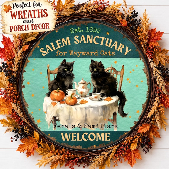 Salem Black Cat Sign for Wreath, Halloween Door Hanger, Welcome Witchy Cat Wall Decor, Salem Wayward Cats Welcome Sign, Fall Porch Decor