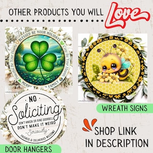 May include: Three round door hangers with different designs. The first is a green shamrock with the text "Blessed Be Your Holidays" and "Peaceful Be Your Hearts" and "Cozy Be Your Hearth". The second is a bee with a yellow and black striped body and blue wings on a yellow honeycomb background. The third is a white circle with the text "No Soliciting" and "Don't knock or ring doorbell" and "Don't make it weird" and "Seriously" and "Friends & Deliveries Welcome".