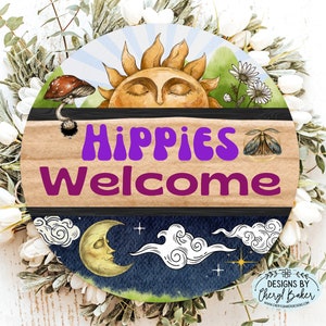 Hippie Welcome Sign Front Door, 70s Nostalgia, Celestial Welcome Sign, Retro Door Hanger, Welcome Wreath Attachments, Sun and Moon Sign